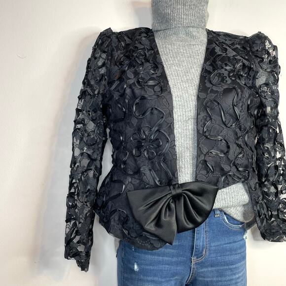 Vintage Patra Black Lace Ribbon Soutache Mesh Fitted Jacket Puff Shoulders Bow 6 - Picture 11 of 16